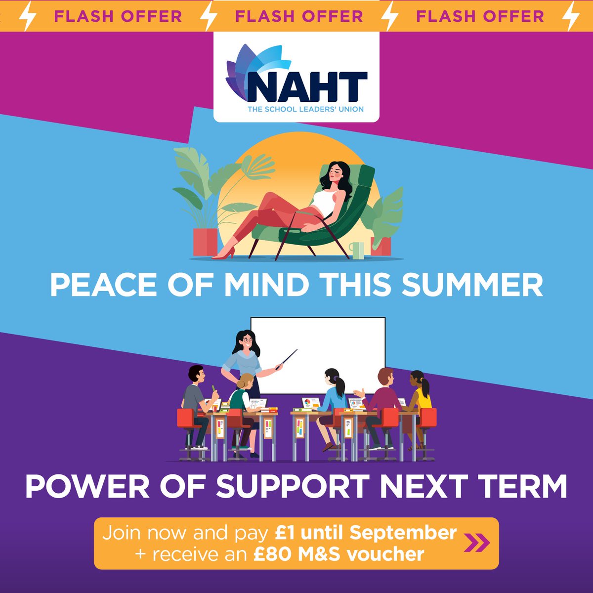 You’ve earned a break. Let NAHT support you when you’re back. 

Join for £1, get £80 to spend at M&amp;S, and enjoy full membership with no fees until September.

bit.ly/3XWGy9j