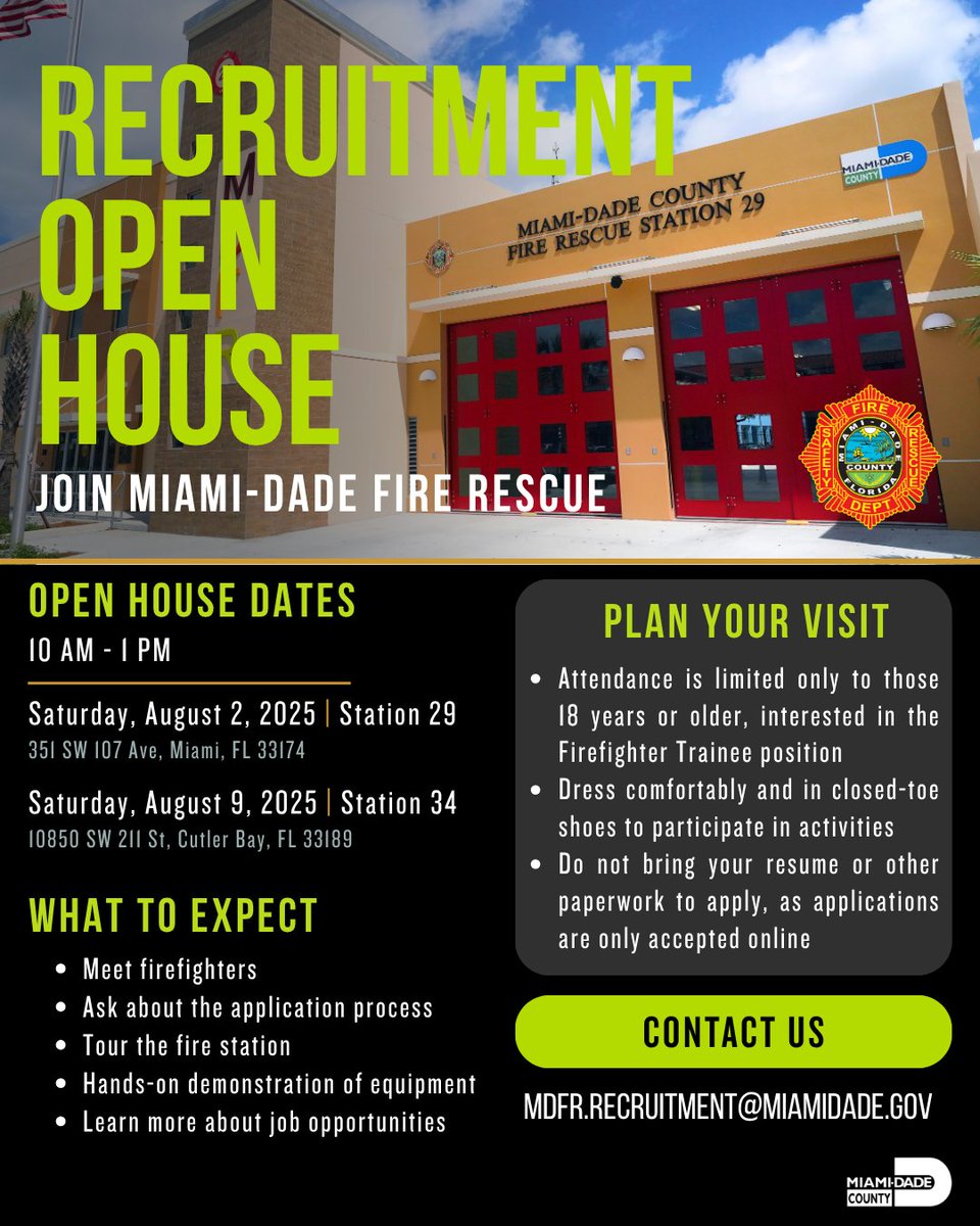We are excited to see you at our second Recruitment Open House tomorrow at #MDFR's #Station29 (351 SW 107 Ave, Miami, FL 33174), from 10 a.m. to 1 p.m.

Now’s your chance to meet firefighters, ask questions about the application process, tour the fire station, check out some