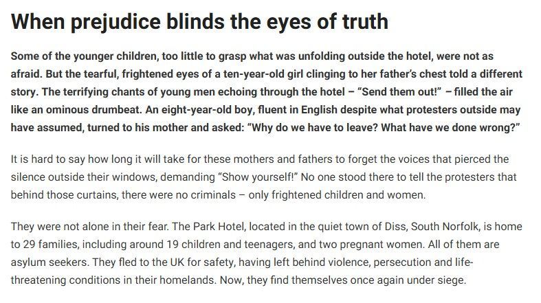 These should be the last words on the vile demonstrations outside hotels. None of these people are 'protecting' children - they're terrifying them.

Thank you to this brave author for this  powerful piece, and <a href="/BylinesEast/">East Anglia Bylines</a> for sharing their vital words.

eastangliabylines.co.uk/immigration/ex…