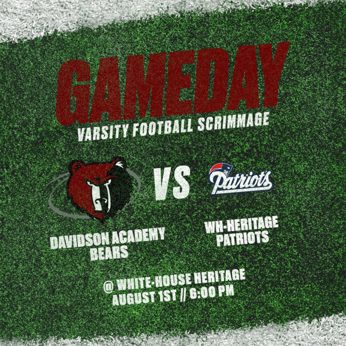Davidson Academy Football (@bearsdavidson) on Twitter photo WAKE UP❗️IT’S GAME DAY 🏈
Come out to White House-Heritage tonight to support the Bears in their first scrimmage of the season 🐻
<a href="/athletics_da/">DA Athletics</a> <a href="/davidsonacademy/">Davidson Academy</a>
#theDAway WAKE UP❗️IT’S GAME DAY 🏈
Come out to White House-Heritage tonight to support the Bears in their first scrimmage of the season 🐻
<a href="/athletics_da/">DA Athletics</a> <a href="/davidsonacademy/">Davidson Academy</a>
#theDAway