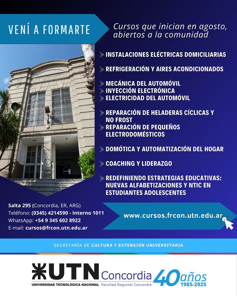 #Cursos que inician en agosto
🌐 cursos.frcon.utn.edu.ar
📞 walink.co/ee7c7e

UTN Concordia, ¡vení a formarte! 💪