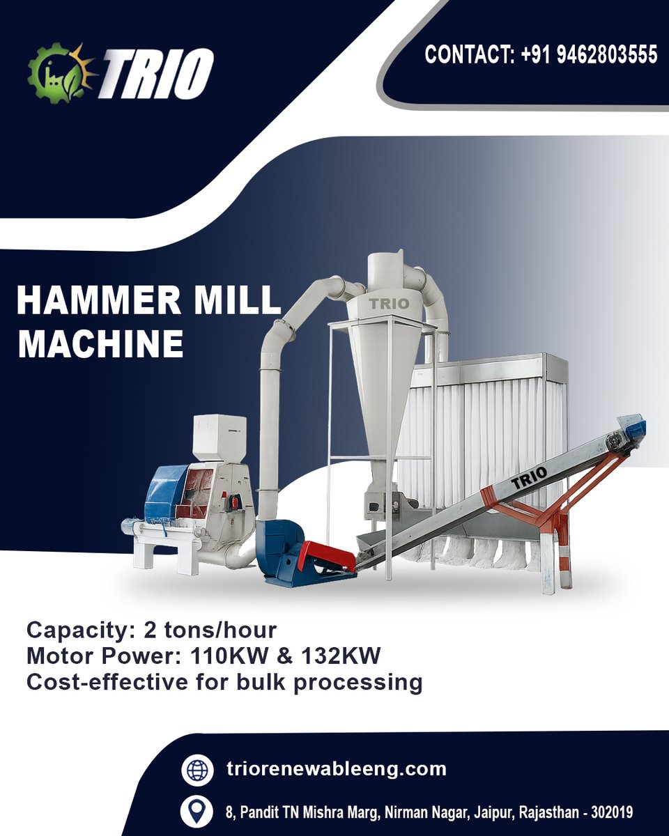 trio_renewable's tweet image. Power up your production with TRIO's high-performance Hammer Mill Machine!

Designed for bulk processing with unmatched efficiency — because your operations deserve the best.

[trio renewable engineering, trio hammer mill]

#trio_renewable_engineering #triomachines #hammermill