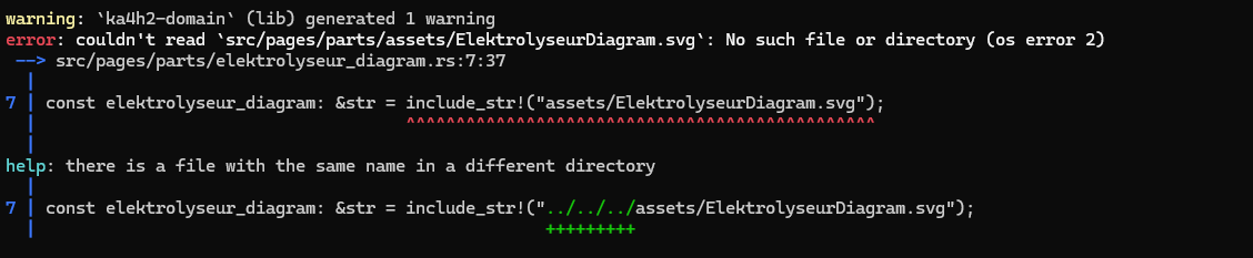 Rust error messages are just amazing. Referenced the wrong directory using a 
const elektrolyseur_diagram: &amp;str = include_str!("assets/ElektrolyseurDiagram.svg");