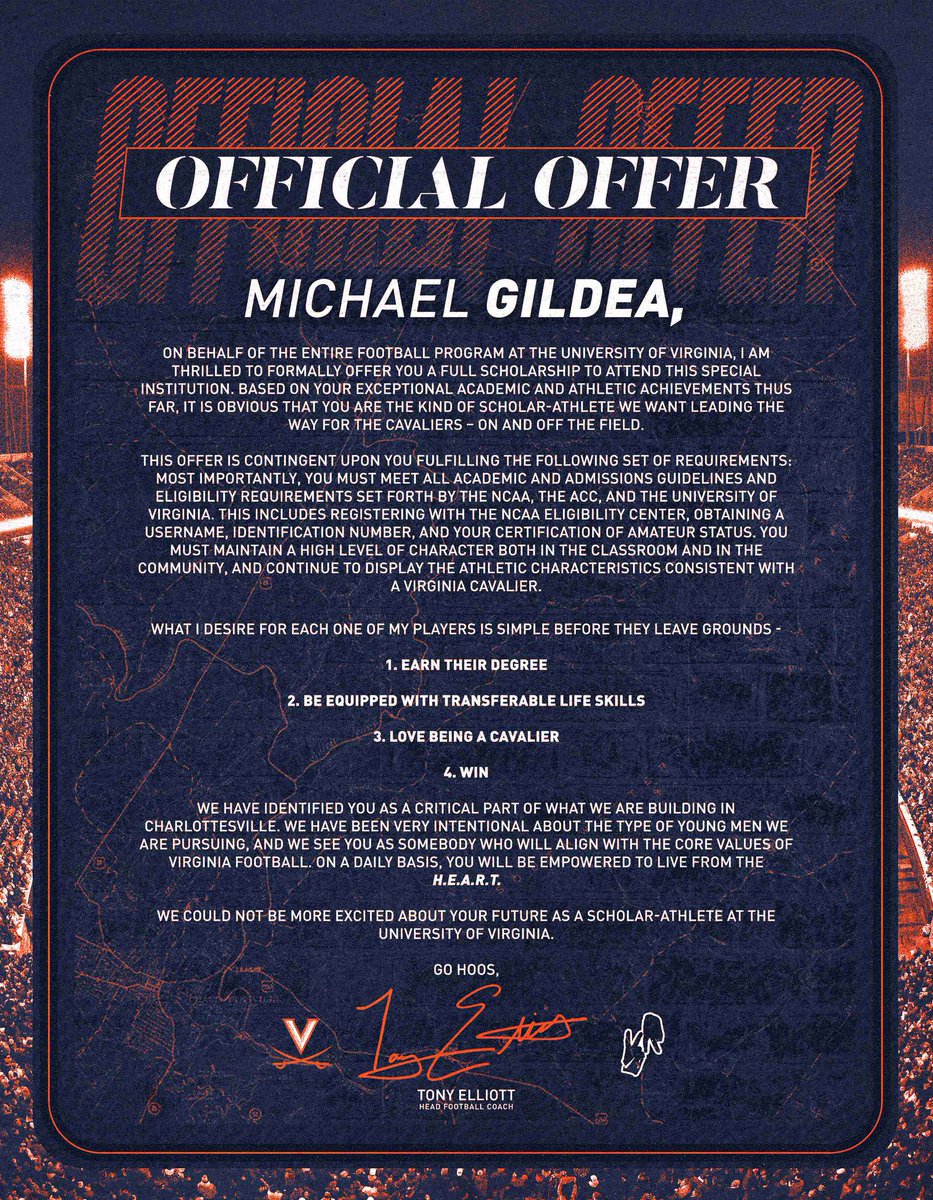 Michael Gildea (@michaelgildea77) on Twitter photo Blessed to have received my official scholarship offer from The University of Virginia! #GoHoosβοΈ
<a href="/Coach_TElliott/">Tony Elliott</a> <a href="/Coach_TerryHeff/">Terry Heffernan</a> <a href="/JoeyOrck/">Coach Joey Orck</a>
<a href="/Red_Zone75/">Todd Smith</a> <a href="/Tonyrazz03/">Tony Racioppi</a> Blessed to have received my official scholarship offer from The University of Virginia! #GoHoosβοΈ
<a href="/Coach_TElliott/">Tony Elliott</a> <a href="/Coach_TerryHeff/">Terry Heffernan</a> <a href="/JoeyOrck/">Coach Joey Orck</a>
<a href="/Red_Zone75/">Todd Smith</a> <a href="/Tonyrazz03/">Tony Racioppi</a>