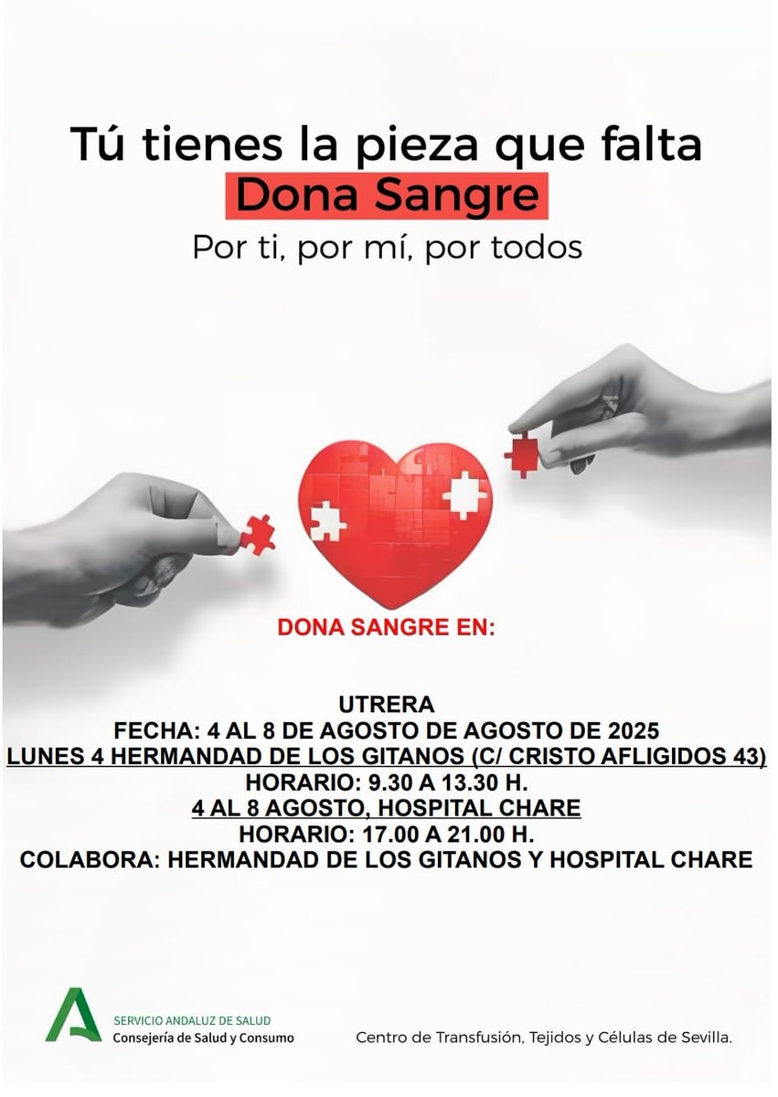 AGS Sur de Sevilla (@agssursevilla) on Twitter photo 🩸 El Hospital de Alta Resolución de #Utrera celebra una colecta de #DonacióndeSangre con <a href="/donantessevilla/">CTS Sevilla</a>
🕘 De 17:00 a 21:00 h
👉 Requisitos y +info: crtssevilla.org
#DonaSangreAndalucía <a href="/SaludConsumoSe/">Delegación de Salud y Consumo en Sevilla</a> #Sevilla 🩸 El Hospital de Alta Resolución de #Utrera celebra una colecta de #DonacióndeSangre con <a href="/donantessevilla/">CTS Sevilla</a>
🕘 De 17:00 a 21:00 h
👉 Requisitos y +info: crtssevilla.org
#DonaSangreAndalucía <a href="/SaludConsumoSe/">Delegación de Salud y Consumo en Sevilla</a> #Sevilla