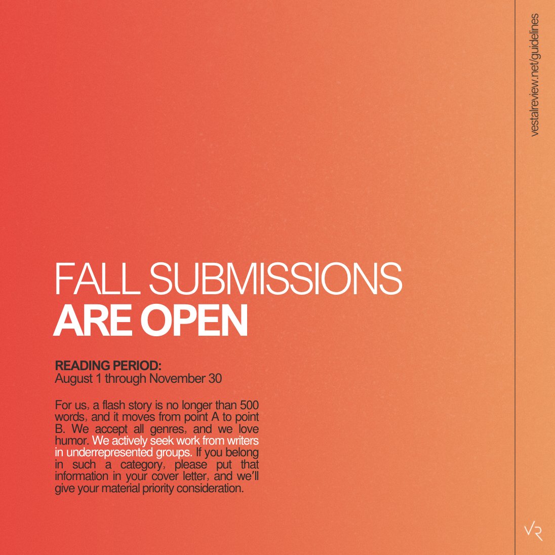 Our fall submission window is now open through November 30th!

vestalreview.net/guidelines to learn more.