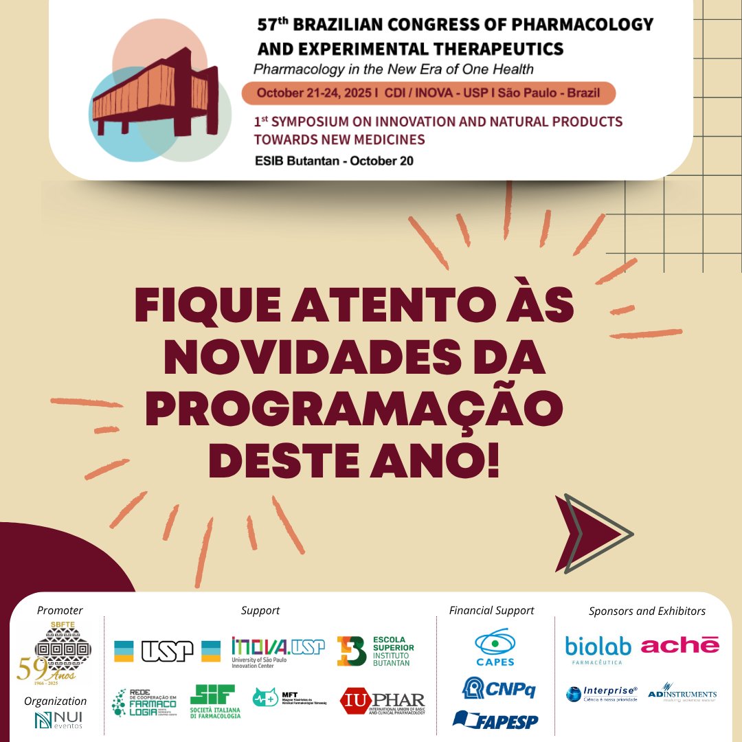 ⚠️ Fique atento às novidades da programação do 57th Congress of the Brazilian Society of Pharmacology and Experimental Therapeutics 

📍 Confira as datas e horários e salve na sua agenda: sbfte.org.br/congresso-2025…