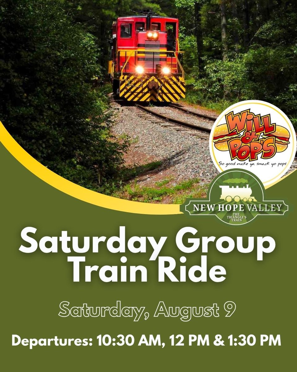 Triangle_Train's tweet photo. @willandpops and a train ride? Can't get better than that! On Sat., August 9 join us for our Saturday Group train ride. Departures are at 10:30 a.m., 12 p.m. and 1:30 p.m. Get tickets now at https://t.co/Zk9SKaJCDP
#TrainRide #NewHopeValleyRailway #TriangleTrain #FoodTruck https://t.co/Efyyiv8mNK