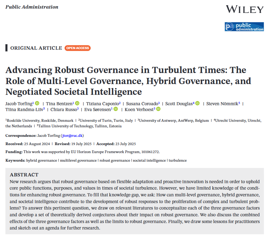 PA Journal (@journal_pa) on Twitter photo "Advancing Robust Governance in Turbulent Times: The Role of Multi-Level Governance, Hybrid Governance, and Negotiated Societal Intelligence" by Jacob Torfing, Tina Bentzen, Tiziana Caponio, <a href="/CoroadoSusana/">Susana Coroado</a>, Scott Douglas, Steven Nõmmik, ...(1/n) doi.org/10.1111/padm.7… "Advancing Robust Governance in Turbulent Times: The Role of Multi-Level Governance, Hybrid Governance, and Negotiated Societal Intelligence" by Jacob Torfing, Tina Bentzen, Tiziana Caponio, <a href="/CoroadoSusana/">Susana Coroado</a>, Scott Douglas, Steven Nõmmik, ...(1/n) doi.org/10.1111/padm.7…