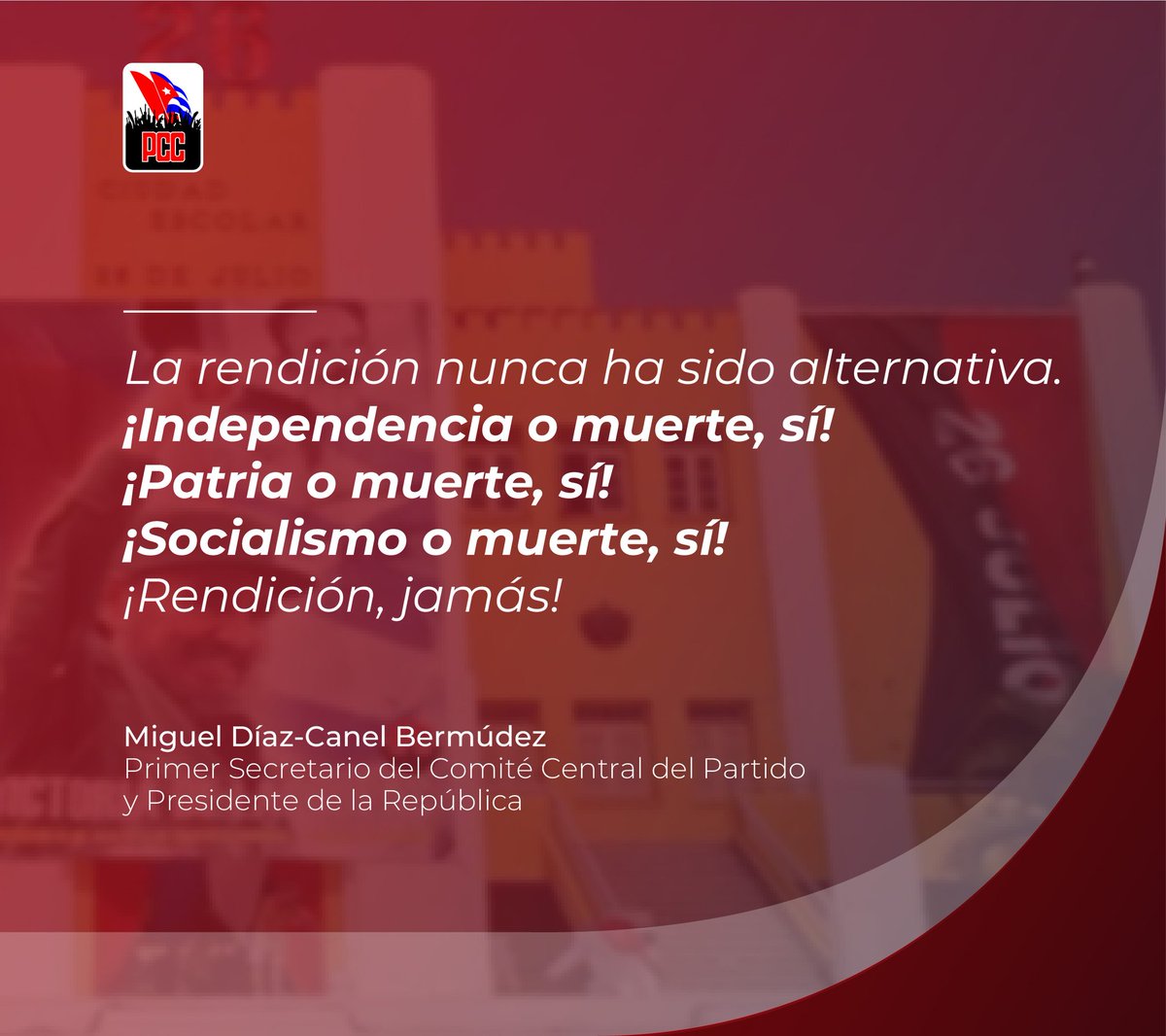 Partido Comunista de Cuba (@partidopcc) on Twitter photo "La belleza de esta hora difícil está en sabernos parte de un pueblo inderrotable"
<a href="/DiazCanelB/">Miguel Díaz-Canel Bermúdez</a>
#Cuba #LaLuchaNoHaCesado "La belleza de esta hora difícil está en sabernos parte de un pueblo inderrotable"
<a href="/DiazCanelB/">Miguel Díaz-Canel Bermúdez</a>
#Cuba #LaLuchaNoHaCesado