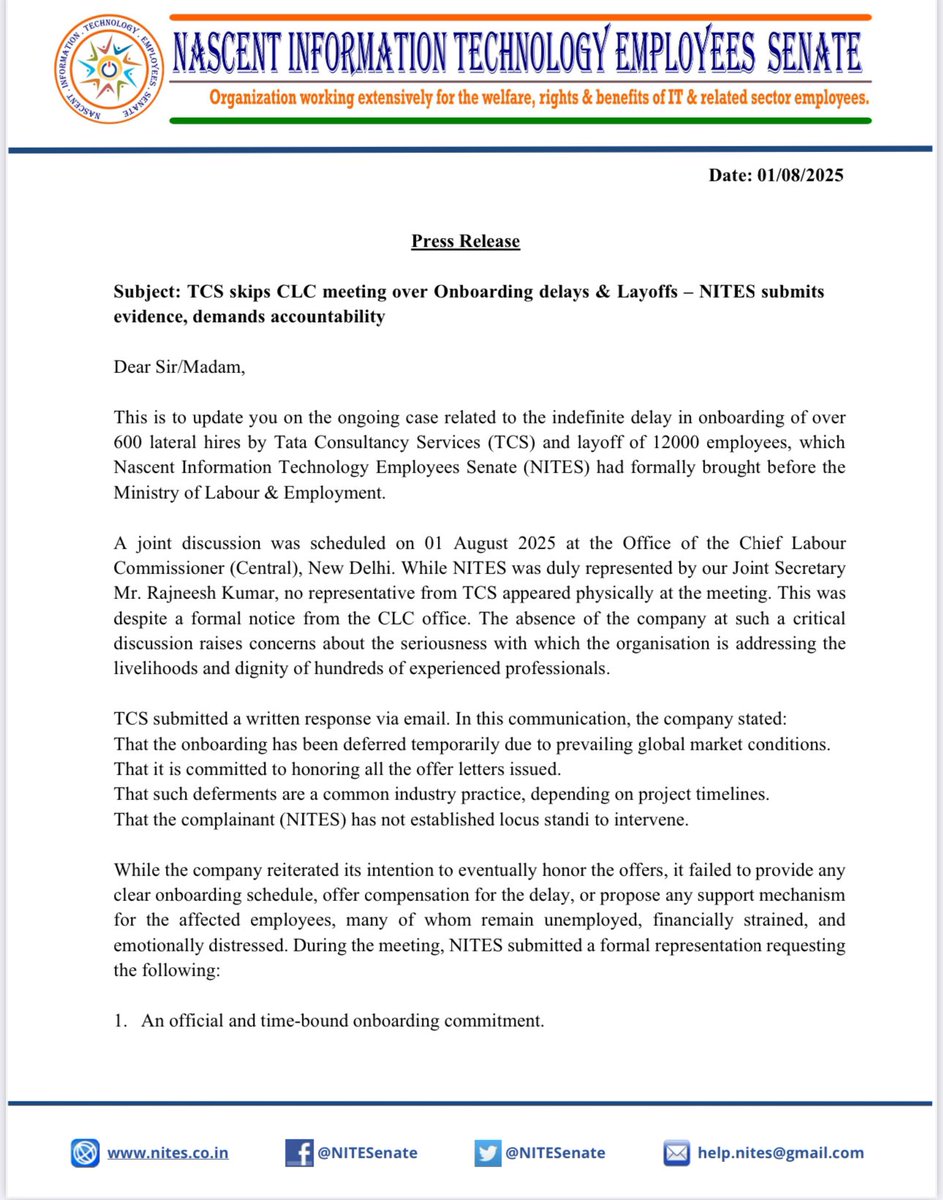 NITESenate's tweet photo. TCS skipped CLC meeting over onboarding delays of 600+ lateral hires. NITES represented affected employees, submitted demands incl. time-bound onboarding &amp; compensation. Amid 12K layoffs &amp; 35-day bench policy, IT job insecurity is rising. #NITES #TCS #OnboardingDelay https://t.co/PzluRLIMHt