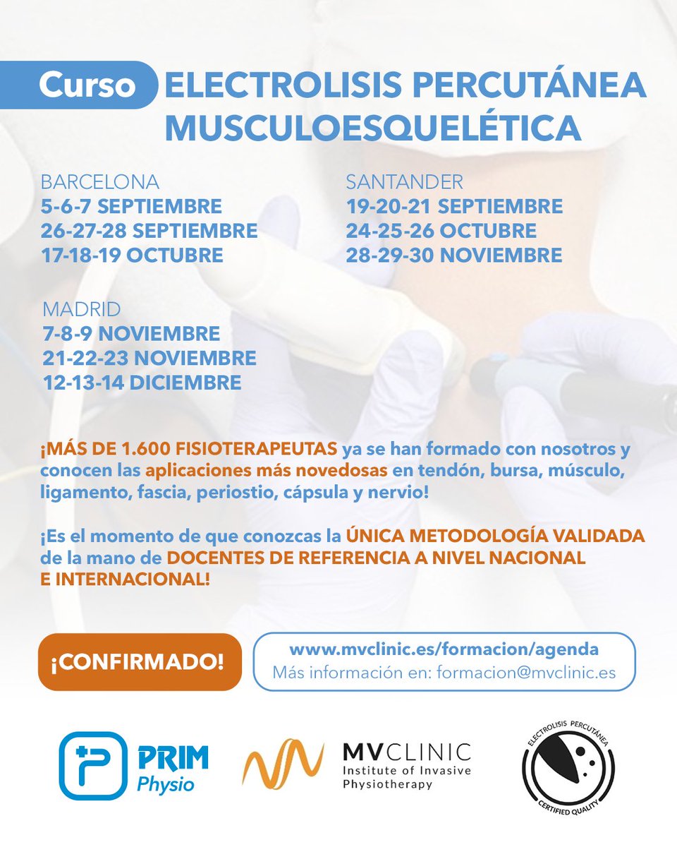 📢 ¡Curso de Electroterapia Percutánea Musculoesquelética!

🔹 Aprende las técnicas más avanzadas en tendón, músculo, fascia y nervio.

➡️ Fechas confirmadas! 
🔗 Info y registro: mvclinic.es/formacion/agen…
