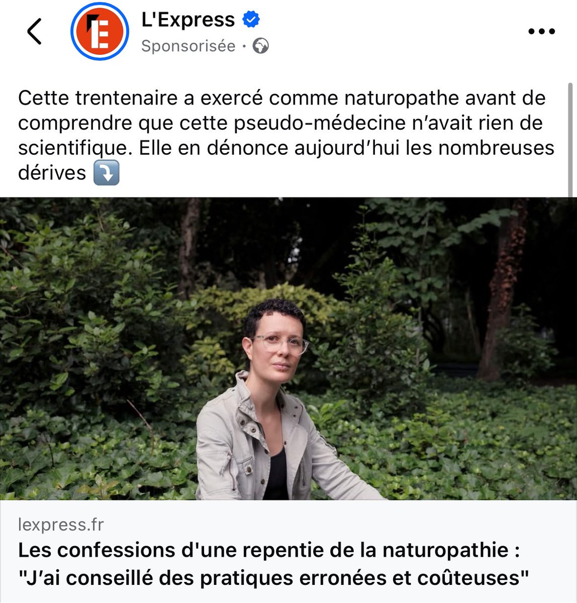 En naturopathie, il y a du bon et du moins bon, mais :
1 : la médecine actuelle est une pseudo-science et n’a rien de scientifique
2 : les journalistes de l’Express sont non-scientifiques collabos de Big Pharma
3 : la naturopathe “repentie” n’a pas une démarche scientifique.