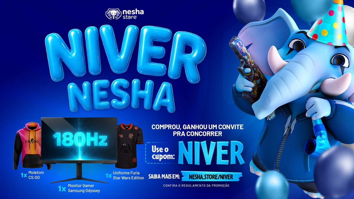 🎉 A Nesha tá de parabéns… mas quem leva o loot é você!

Cada pedido no site vale uma entrada para:
🎁 SORTEIO COMBO GAMER
1 Monitor Samsung Odyssey 180Hz
1 Moletom CS:GO Fade
1 Uniforme FURIA Star Wars Edition

E mais:
📜 LISTA SECRETA DE PRESENTES - Sorteio todos os dias
Faça