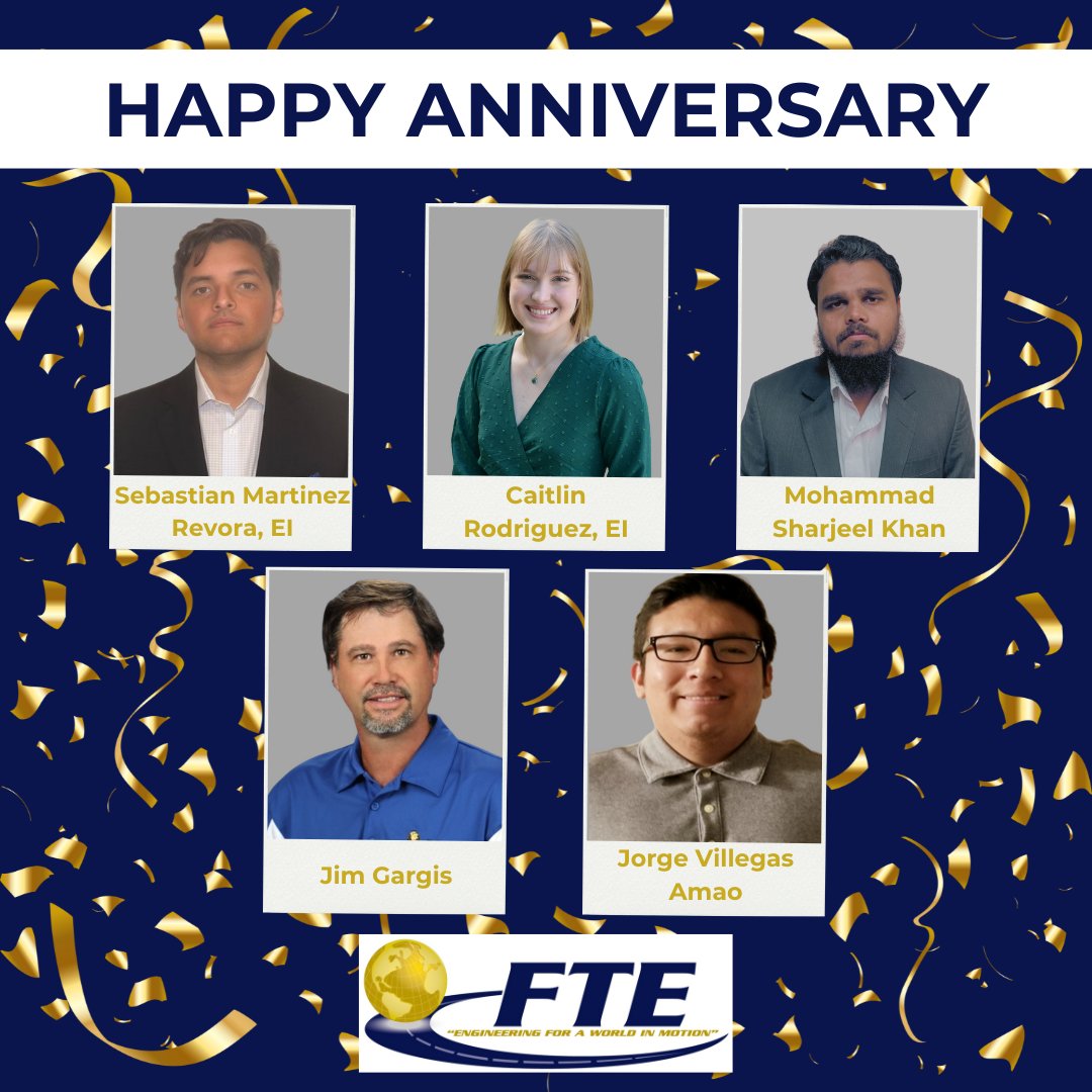 fteinc1989's tweet photo. Celebrating August’s work anniversaries!🎉

· Sebastian Martinez Revora, EI – 2 Years
· Caitlin Rodriguez, EI – 1 Year
· Mohammad Sharjeel Khan- 2 Years
· Jim Gargis – 18 Years
· Jorge Villegas – 3 Years

#FTE #FTEFamily #EmployeeAnniversary https://t.co/DFwGuS77cG