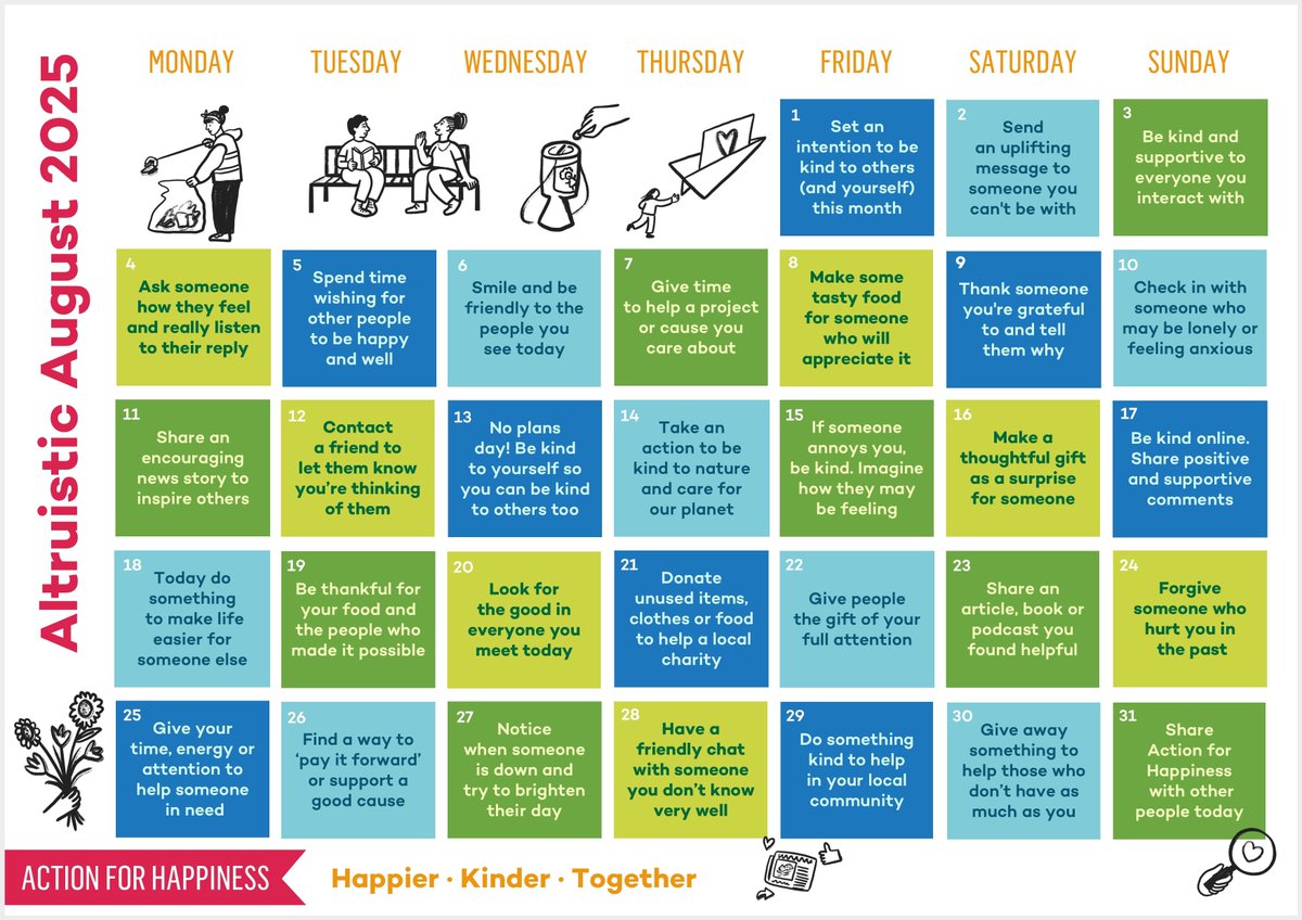 Whether you're supporting a friend, helping a stranger, or simply listening with care, your actions matter. Every kind choice makes a difference. 
Check out this Altruistic August Calenda from Action for Happiness #sparcreddeer