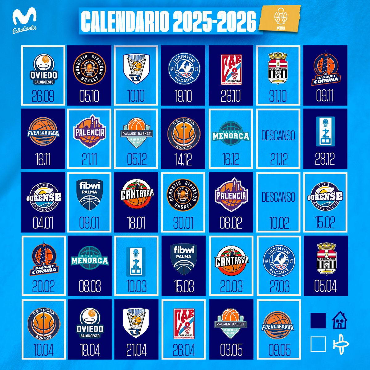 🗓️ CALENDARIO #PrimeraFEB 🗓️

¡Ya está confirmado el calendario de la temporada!

1⃣ Debutaremos a domicilio ante <a href="/oviedocb/">Alimerka Oviedo Baloncesto</a>
💤 Descansamos jornadas 13 y 20 
3⃣4⃣ Última jornada, derbi a domicilio ante <a href="/BFuenlabrada/">Flexicar Fuenlabrada</a> 

👇 Aquí completo. 
movistarestudiantes.com/masculino/cale…