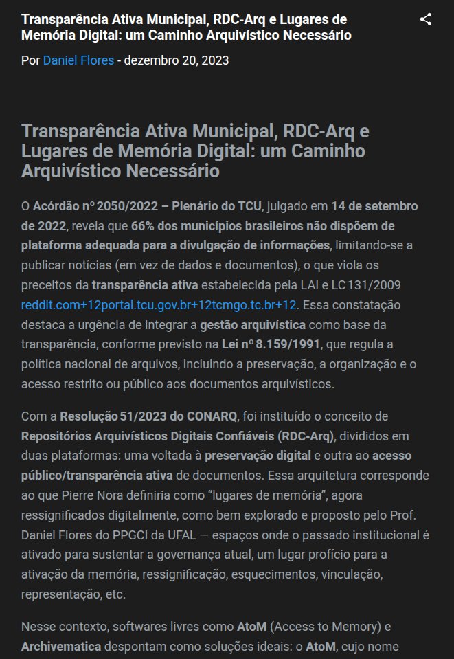 Transparência Ativa Municipal, RDC‑Arq e Lugares de Memória Digital: um Caminho Arquivístico Necessário

…tosarquivisticosdigitais.blogspot.com/2023/12/transp…