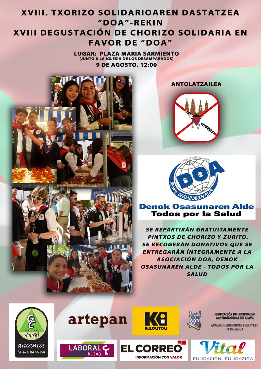 LOSALEGRIOS's tweet image. El 9 de agosto a las 12:00 estaremos en la Plaza María Sarmiento repartiendo gratuitamente pintxos de chorizo y zurito. Se recogerá donativos destinados íntegramente a #DOA, Denok Osasunaren Alde

@CarnicasConchi @Artepanvitoria @kiloutou @LABORALkutxa @VitalFundazioa #boilur
