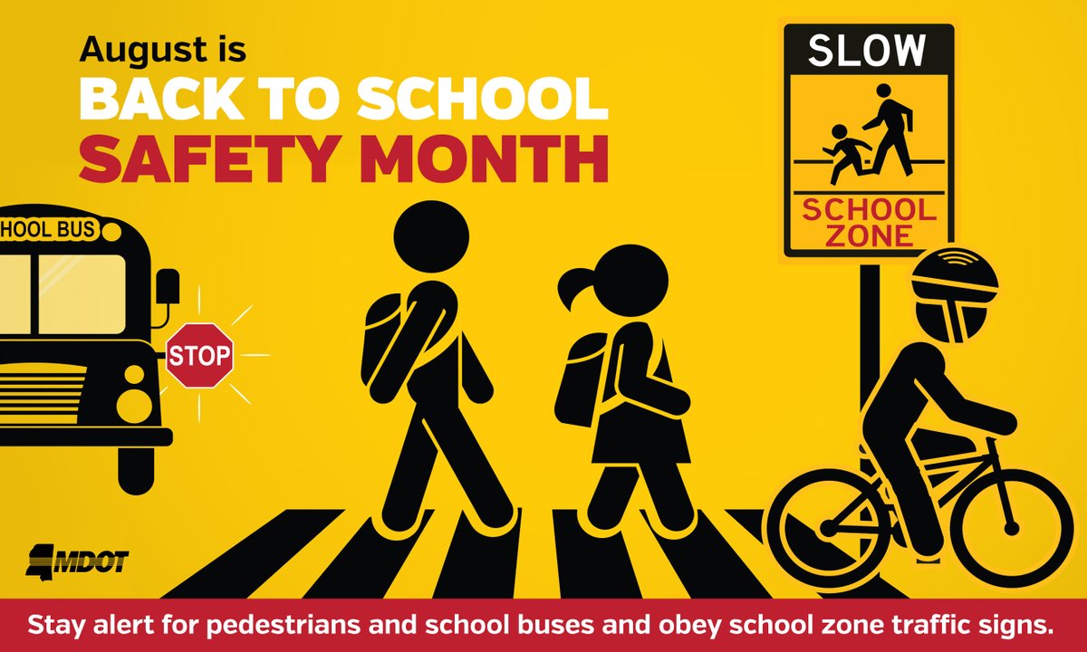 MississippiDOT's tweet image. It's #BackToSchool season! 📔✏️🎒

The hustle is real, but just take a breath &amp;amp; #DriveSmartMS:
🚌 Respect the stop signs on buses
🐢 Slow down in school zones
🚸 Watch out for pedestrians, especially during pickup &amp;amp; drop-off times
👮 Always obey crossing guards directing traffic