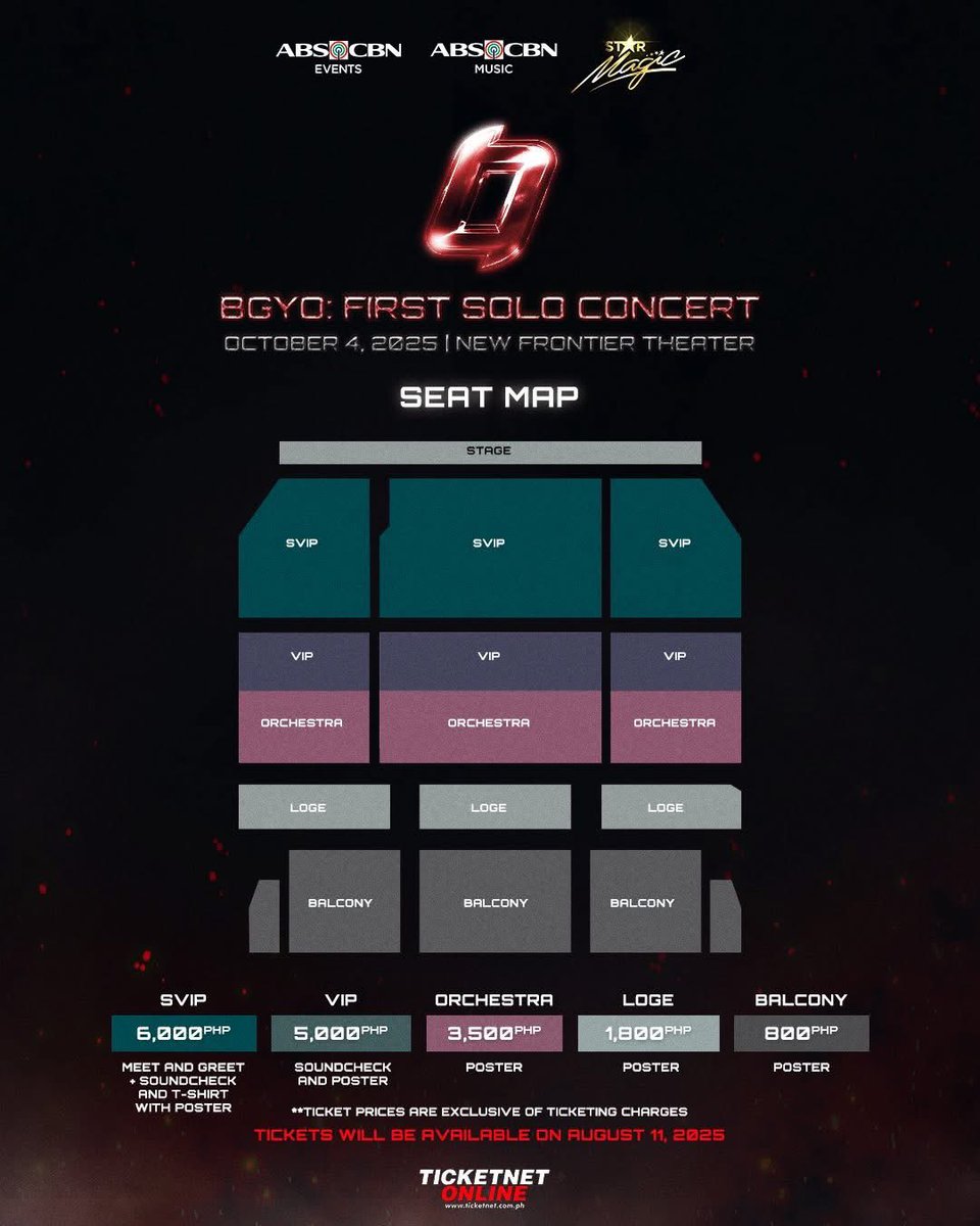 ASAPOfficial's tweet photo. The moment we've been waiting for is finally here 🔥

ACEs, here are the ticket prices and perks, seatmap and guidelines for 'BGYO: THE FIRST SOLO CONCERT' ❤️ 

See you on October 4, 2025 | 7PM at the New Frontier Theatre!  

Tickets will go onsale on August 11! Set your alarms!🚨
🎟https://t.co/Ux4IEcBlEB

#BGYO #BGYO_TheFirstSoloConcert #StarMusicPH #ABSCBNEvents #StarMagic