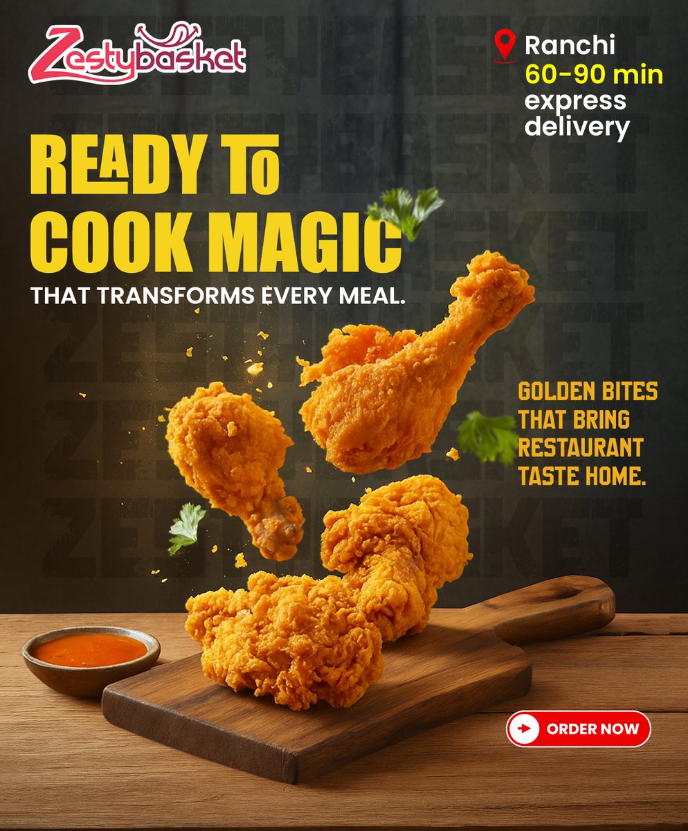 ZestyBasket25's tweet image. Turn every meal into a showstopper with Zestybasket’s Ready-to-Cook crispy chicken. Juicy, golden, and packed with flavor, just cook and serve. 

📍 Ranchi
🚚 Delivery in 60 to 90 minutes

#Zestybasket #CrispyChicken #ReadyToCookMeals #RanchiEats #HomeStyleMagic
