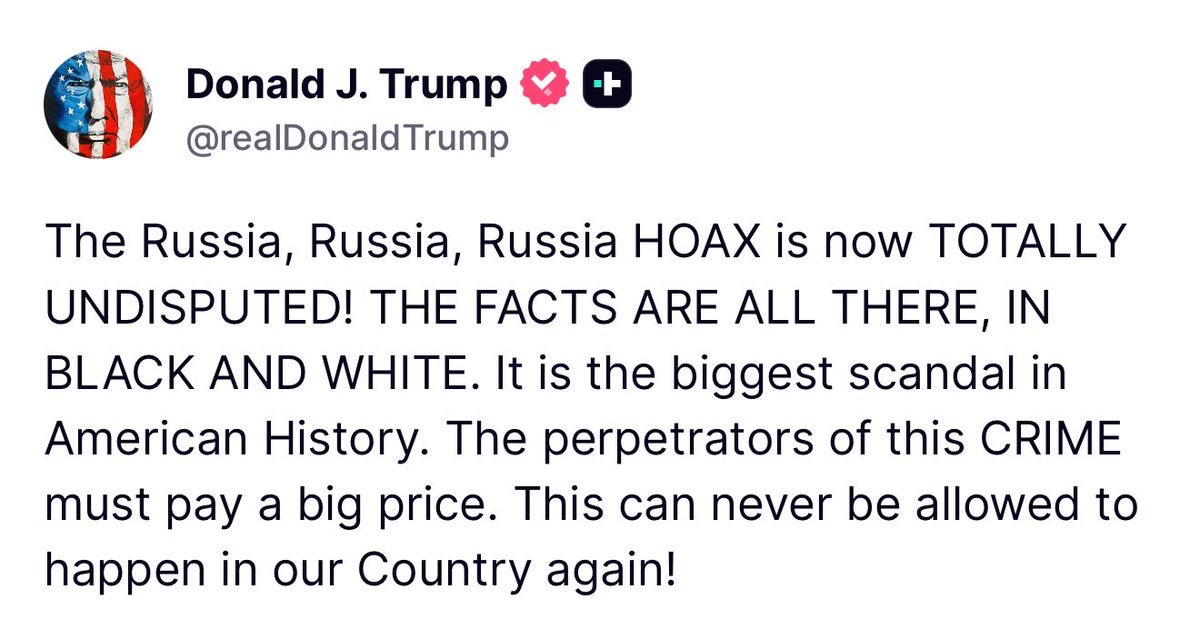 JUST IN: President Trump says the perpetrators of the Trump-Russia hoax “must pay a big price”

“This can never be allowed to happen in our country again!”