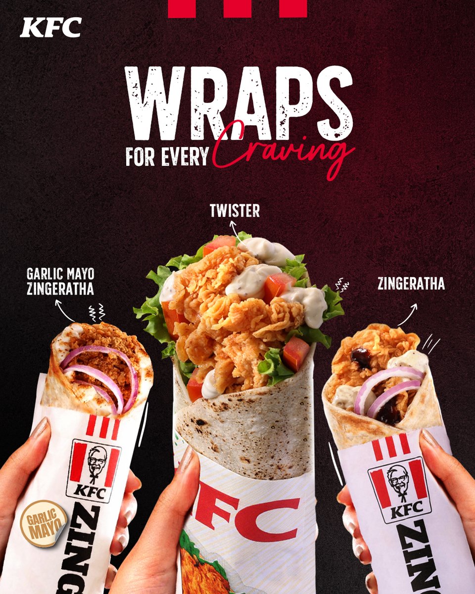 Wrap up your cravings with the perfect flavor combo! 
Whether it's the creamy garlic mayo Zingeratha, the tangy Zingeratha, or the peppery Twister—each wrap is a burst of flavor in every bite. Trust us, you'll be coming back for more!
#KFC #FingerLickinGood