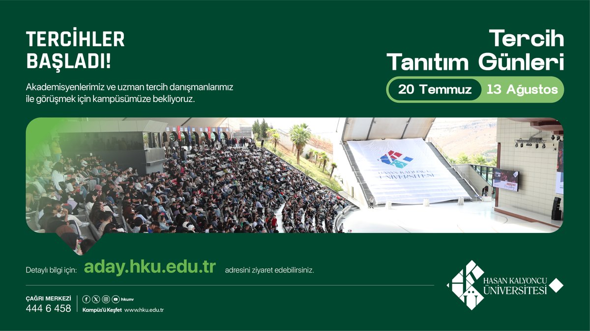 Üniversite Yerleştirme Tercihleri Başladı! ✏️🧑‍🎓

Şimdi Doğru Tercih Zamanı! 🎯

"HKÜ Tercih&amp;Tanıtım Günleri"nde uzman tercih danışmanlarımız, alanında uzman akademisyenlerimiz ile görüşmeden, geleceğiniz hakkında karar vermeyin!📝

Tüm üniversite adaylarına tercihlerinde
