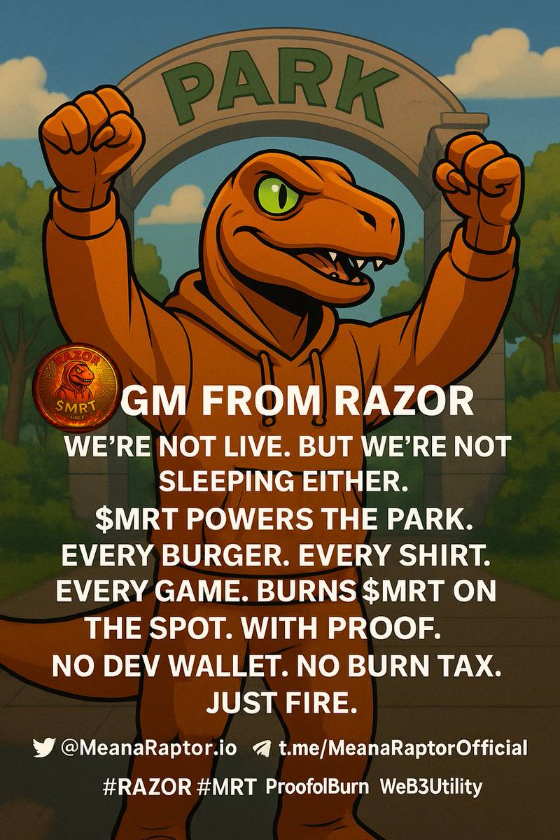 Pena Ikhwan (@penaikhwan) on Twitter photo 🦖 GM from Razor
We’re not live.
But we’re not sleeping either.$MRT powers the park.
Every burger. Every shirt. Every game.
Burns $MRT on the spot. With proof.No dev wallet. No burn tax.
Just fire.
🔗 meanaRaptor.io
🐦 <a href="/MeanaRaptor/">MeanaRaptor</a> | 📢 🦖 GM from Razor
We’re not live.
But we’re not sleeping either.$MRT powers the park.
Every burger. Every shirt. Every game.
Burns $MRT on the spot. With proof.No dev wallet. No burn tax.
Just fire.
🔗 meanaRaptor.io
🐦 <a href="/MeanaRaptor/">MeanaRaptor</a> | 📢