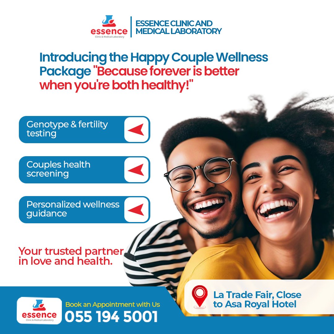 Essencemedilab's tweet image. Happy Couple Wellness Package
Because forever is better when you're both healthy.
💖 Genotype &amp;amp; fertility testing
💖 Couples health screening
💖 Personalized wellness advice

📍La Trade Fair, Accra
📞 0551945001
#CouplesCare #GenotypeTesting #EssenceClinic  #WellnessForTwo