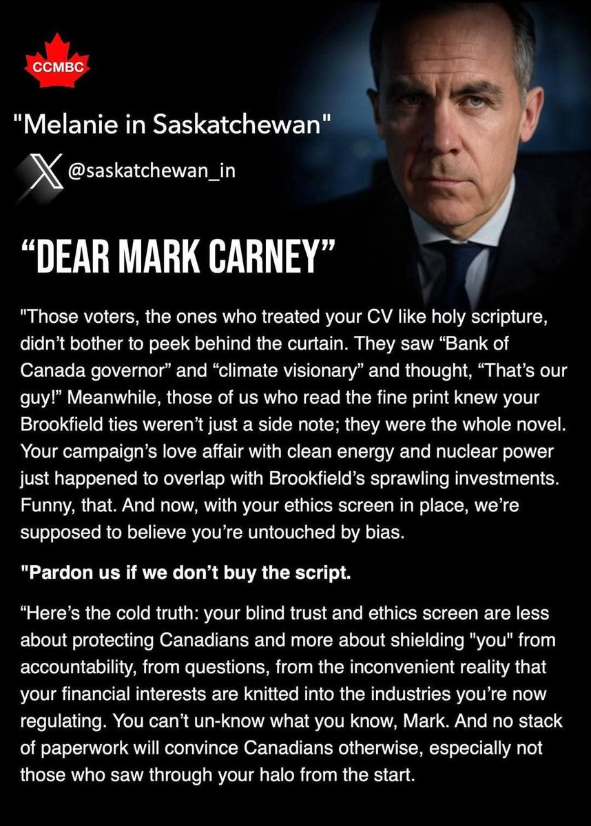 CCMBC 2021 (@2021ccmbc) on Twitter photo In Carney's Canada, #ethics are optics to be managed, not necessarily obliged . #CarneyCantBeTrusted
#cdnpoli <a href="/Swiftie01/">Catherine Swift</a> #NotSoBlindTrust <a href="/saskatchewan_in/">Melanie In Saskatchewan</a> <a href="/EthicsCanada/">Conflict of Interest and Ethics Commissioner</a> In Carney's Canada, #ethics are optics to be managed, not necessarily obliged . #CarneyCantBeTrusted
#cdnpoli <a href="/Swiftie01/">Catherine Swift</a> #NotSoBlindTrust <a href="/saskatchewan_in/">Melanie In Saskatchewan</a> <a href="/EthicsCanada/">Conflict of Interest and Ethics Commissioner</a>
