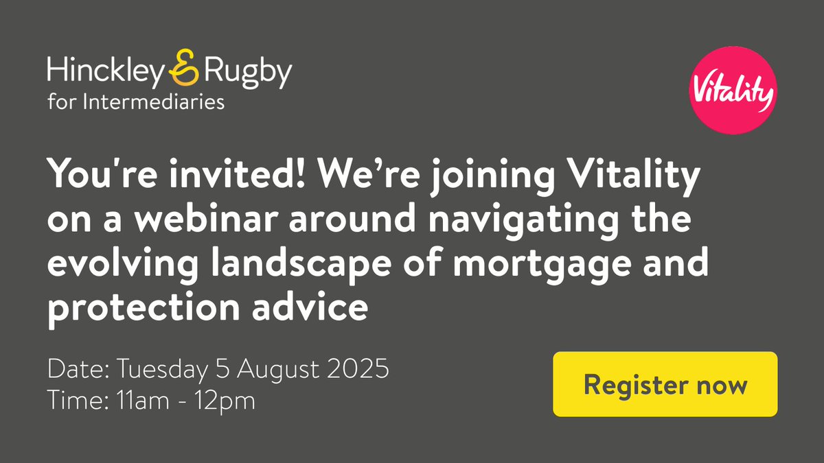 Brokers – you’re invited!

Join Amanda Moore (Vitality) and Dave Jackson (Hinckley &amp; Rugby) to explore protection advice and supporting clients with complex income.

🗓️ Tuesday 5 August
🕚 11am – 12pm
🎟️ Free to attend

Register now: events.teams.microsoft.com/event/58801f3f…

#MortgageBrokers