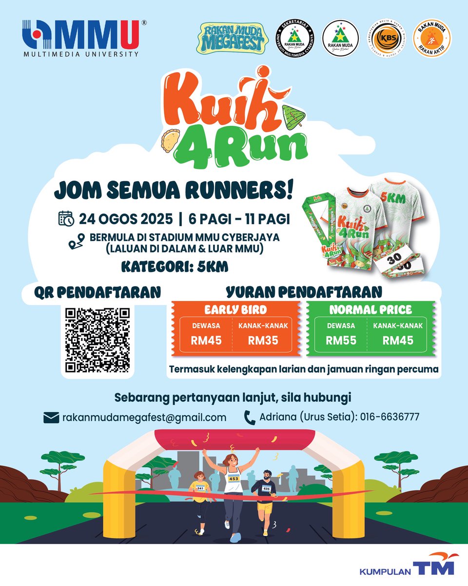 Cyberjaya Malaysia (@cyberjayabuzz) on Twitter photo 🏃♂️🍡 KUIH 4 RUN is here! Jom lari sambil nikmati juadah tradisional! 🏁✨
📅 24 Ogos 2025
🕗 6.00 – 11.00 A.M
📍 Start/Finish: Stadium MMU Cyberjaya (Laluan dalam & luar kampus!)
📏 Kategori: 5KM Fun Run
<a href="/Twt_Cyberjaya/">Cyberjaya Info</a> 🏃♂️🍡 KUIH 4 RUN is here! Jom lari sambil nikmati juadah tradisional! 🏁✨
📅 24 Ogos 2025
🕗 6.00 – 11.00 A.M
📍 Start/Finish: Stadium MMU Cyberjaya (Laluan dalam & luar kampus!)
📏 Kategori: 5KM Fun Run
<a href="/Twt_Cyberjaya/">Cyberjaya Info</a>