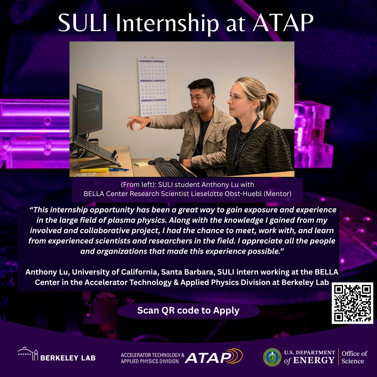 LBNLatap's tweet image. Read about the experiences of our @DOEscience SULI interns as they work with our internationally renowned scientists on cutting-edge #ParticleAccelerator research. Deadline to apply for the Spring 2026 cycle is October 1.
@BerkeleyLab @ENERGY @LaserNetUS
atap.lbl.gov/news/suli-inte…