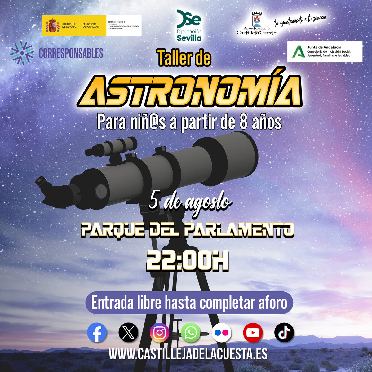 🔭¡El 5 de agosto Castilleja de la Cuesta tiene una cita con las estrellas!
Taller de astronomía para niños y niñas a partir de 8 años.
📍Parque del Parlamento
🎟Entrada libre hasta completar aforo

Esta actividad se realiza gracias a la colaboración de la Diputación de Sevilla.