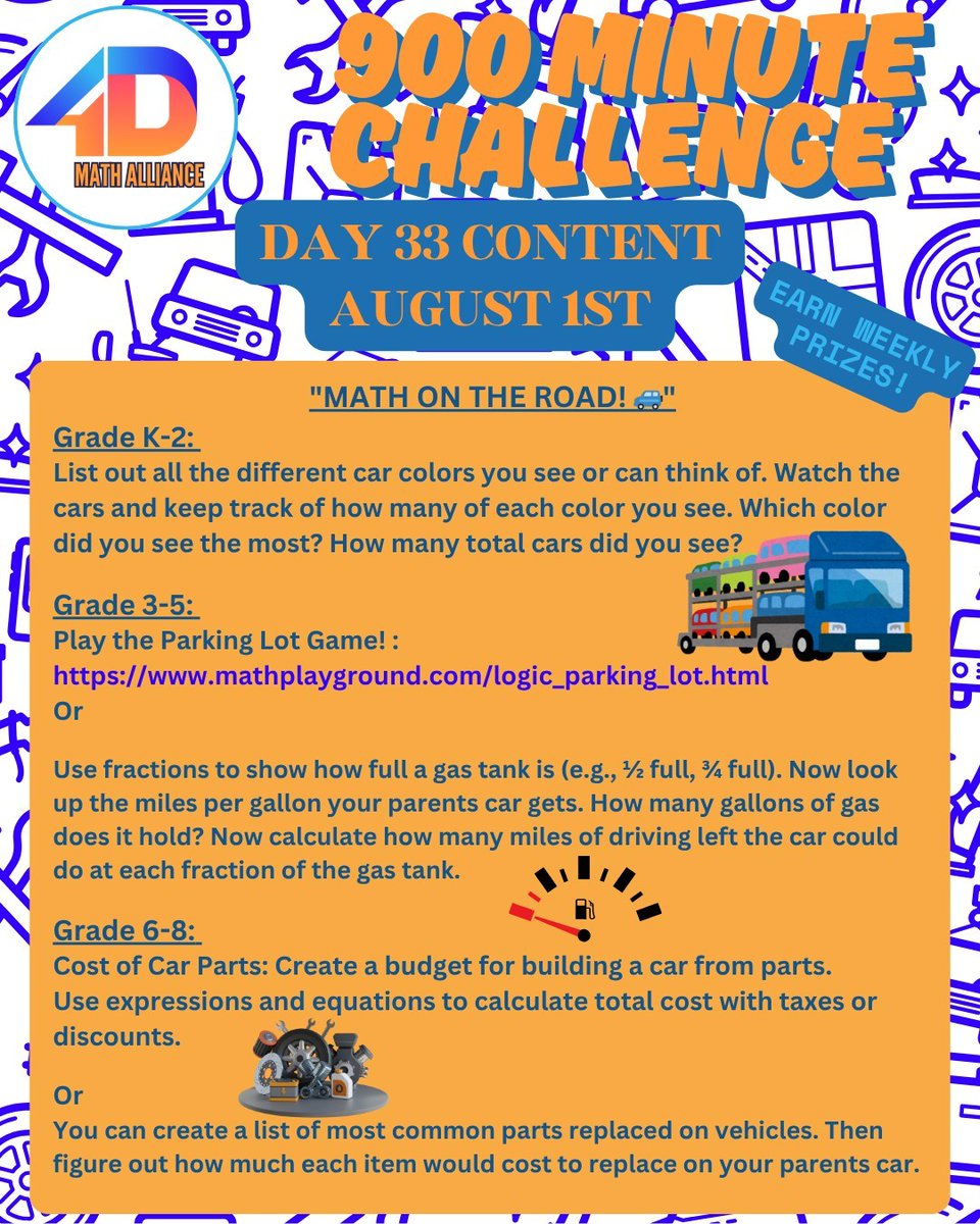 4D Math Alliance (@4dmath) on Twitter photo Day 33 of the #900MinChallenge takes us on a #roadtrip to see all the #math that's involved in one of our top forms of transportation #cars #automobileShare your "wheelie" good work by tagging us or email info@4dma.org #AutomobileMath #CarMath #distance #speed @toyota @ford <a href="/GM/">General Motors</a> Day 33 of the #900MinChallenge takes us on a #roadtrip to see all the #math that's involved in one of our top forms of transportation #cars #automobileShare your "wheelie" good work by tagging us or email info@4dma.org #AutomobileMath #CarMath #distance #speed @toyota @ford <a href="/GM/">General Motors</a>