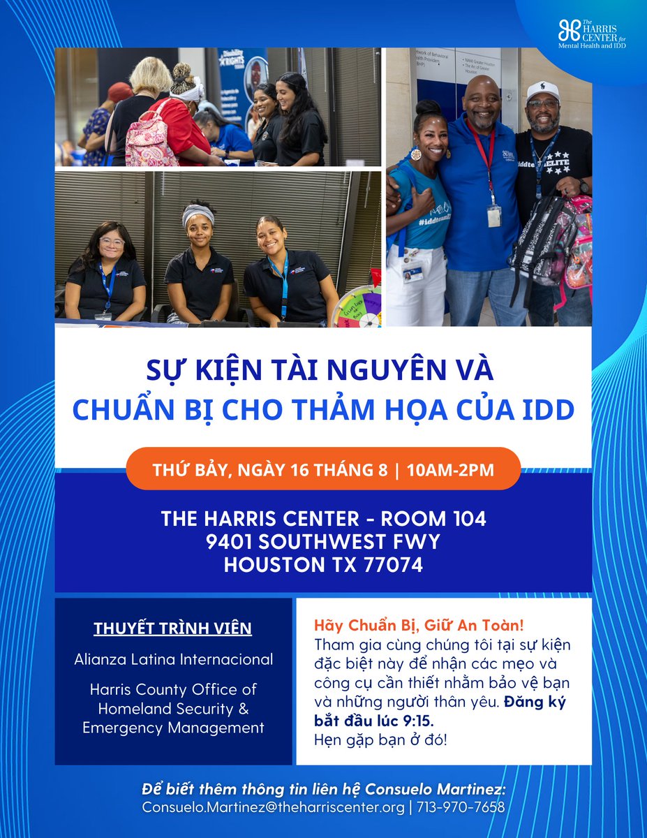 Our annual IDD Resource &amp; Disaster Preparedness Event is coming up this month! Join The Harris Center on Saturday 8/16 from 10AM-2PM for essential tips and tools to protect you and your loved ones. Registration begins at 9:15AM. See you there!

#Houston #IDDResources