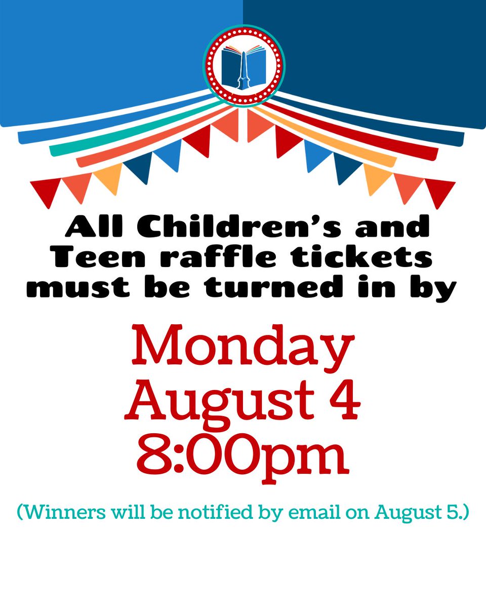 The last day to turn in raffle tickets for the Children's and Teen Summer Reading Programs is Monday, August 4th! We will pull winners and notify them on August 5th. #AML #ActonMA #LibraryEvents
