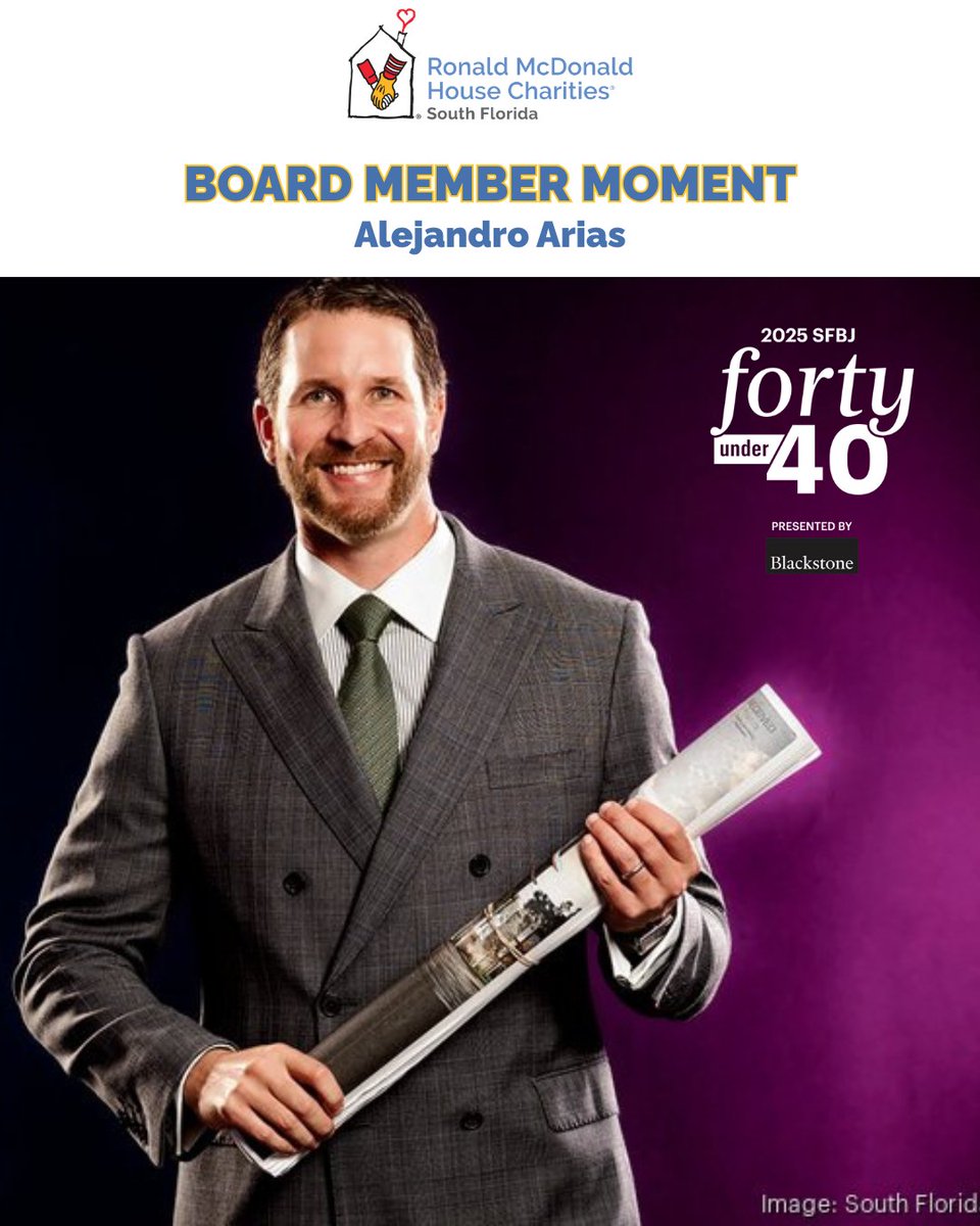 🎉 Congrats to board member Alejandro Arias of Holland &amp; Knight LLP for making South Florida Business Journal’s 40 Under 40 Class of 2025! 🌟 Proud to have him! 🙌 #RMHCSFL #KeepingFamiliesClose #40Under40 #Leadership #CommunityImpact #SouthFloridaBusinessJournal