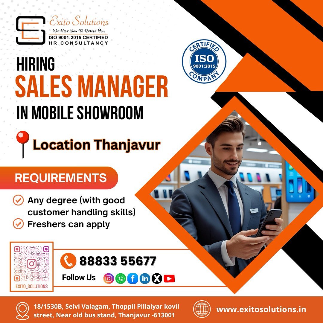 exitoashwin's tweet image. HIRING SALES MANAGER
CALL 8883355677
#EXITOSOLUTIONS #Jobs #Thanjavur #ThanjavurJobs #SalesJobs #MarketingJobs #Trichy #TrichyJobs #Kumbakonam #KumbakonamJobs #FreshersJobs #NHari #Monster #Freshers #Thiruvarur #ThroughOurJobs #Trending #Reels #Shots #YouTube #Insta