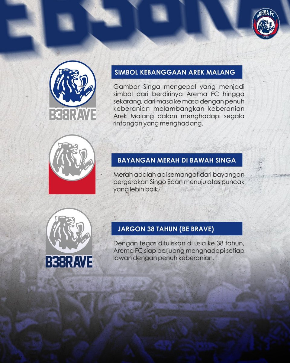 𝟑𝟖 𝐓𝐚𝐡𝐮𝐧, Langkah Singo Edan harus semakin berani menuju puncak dengan penuh semangat lebih baik.

🦁✊🔥
#AremaFC #Aremania #SalamSatuJiwa 
#BersinergiDalamSatuJiwa #B38RAVE