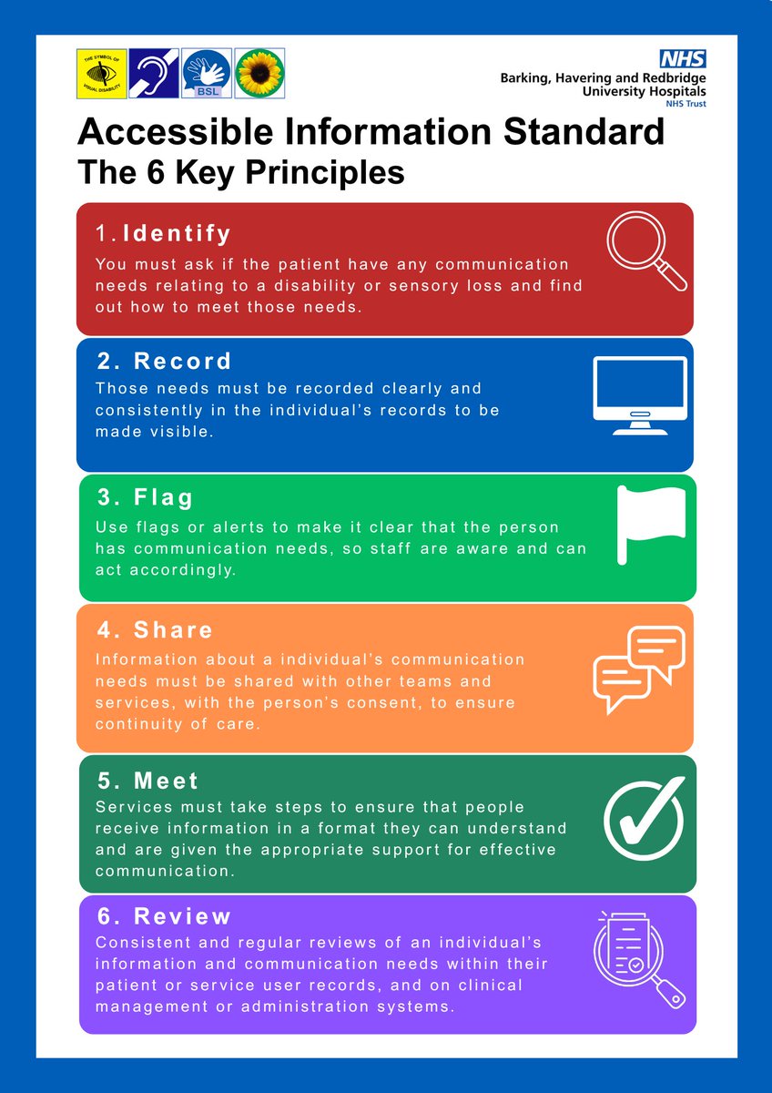 📢 The Accessible Information Standard (AIS) ensures patients with communication needs are supported every step of the way.

✅ Identify
✅ Record
✅ Flag
✅ Share
✅ Meet
✅ Review

Safer and more inclusive care starts with clear communication. 💙