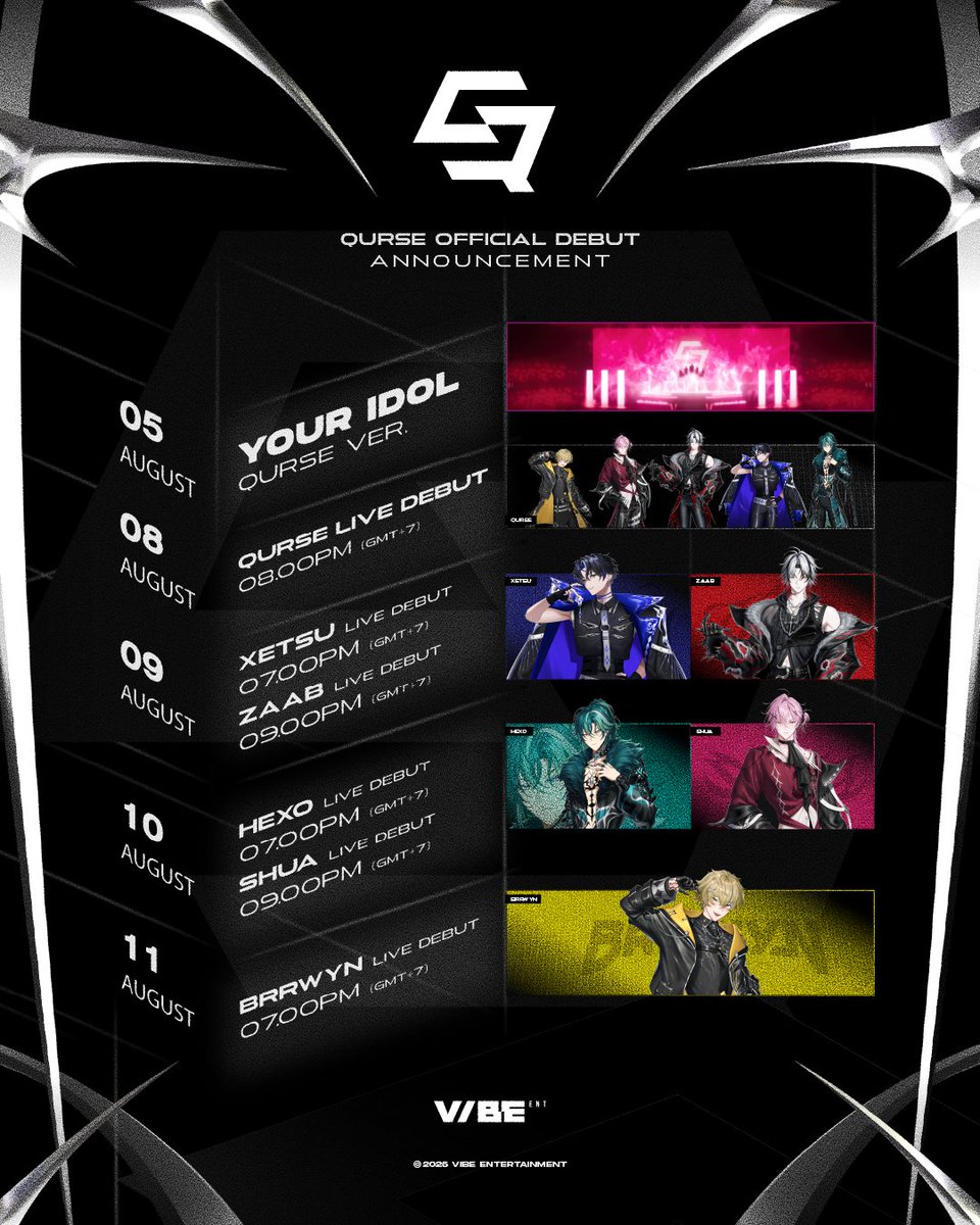 QURSE OFFICIAL DEBUT ANNOUNCEMENT 
LIVE SCHEDULE RELEASED 

❤️💙🩷💛💚
<a href="/QurseVibeENT/">QURSE</a>  
<a href="/ZaabVibeENT/">ZÄÄB</a>  
<a href="/XetsuVibeENT/">XΞTSU</a>  
<a href="/ShuaVibeENT/">SHUA</a>  
<a href="/HexoVibeENT/">HEXO</a>  
<a href="/BrrwynVibeENT/">BRRWYN</a>   

#QURSE #QURSE_MAGICK  
#VibeENT #TPOP
