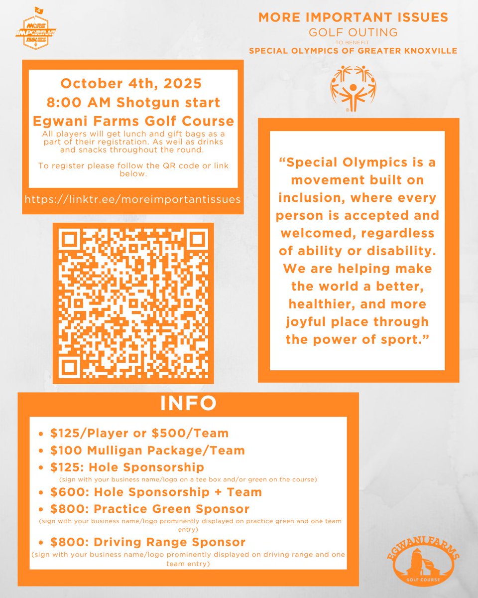 More_Issues's tweet photo. The More Important Issues Golf Outing is so back⛳️

Come out on Tennessee’s BYE week on October 4th and support Special Olympics of Greater Knoxville!

https://t.co/KmUC8BAvCi https://t.co/VOtQ7pNfyT