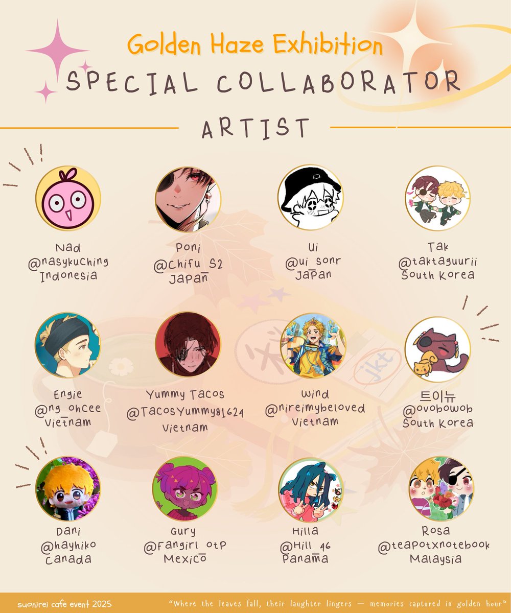 [Artist Lineup - Special Collaborator] 

📒Suo-san, we have important guests for this event.
🫖They're here?
📒They can't come but they'll be blessing arts for this event.
🫖Oh? can you tell me who they are?
📒Okay!

#GoldenHazeSuni #SuniCafeEventJKT
#suonirei #すおにれ #스오니레