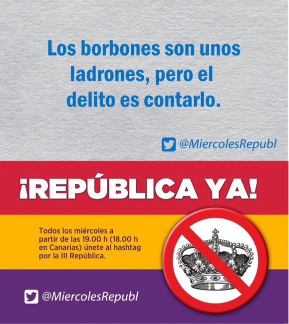 Todos los miércoles a partir de las 19.00h, las 18.00h en Canarias, suma tu voz a la causa republicana.
Abre los ojos
Abre tu mente
No te dejes manipular.
España mañana será republicana
SyR
❤️💛💜
#FelizViernes
