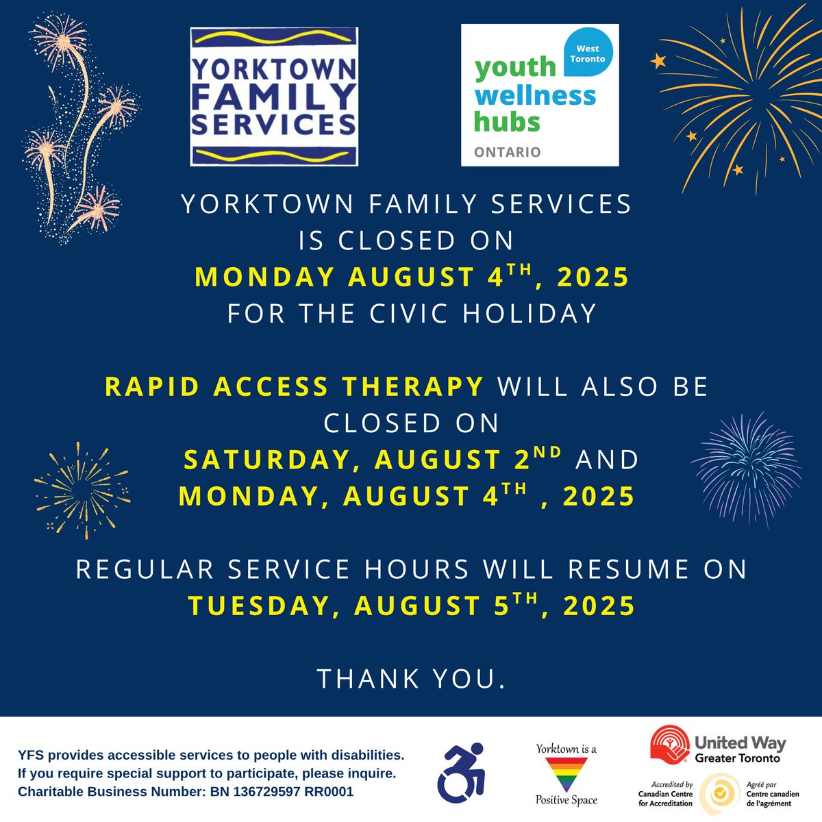 #YorktownFamilyServices is closed on Monday, August 4, 2025 for the Civic Holiday.

Rapid Access Therapy will also be closed on Saturday, August 2 and Monday, August 4, 2025. Regular Service hours will resume on Tuesday, August 5, 2025.

Wishing everyone a safe long weekend!