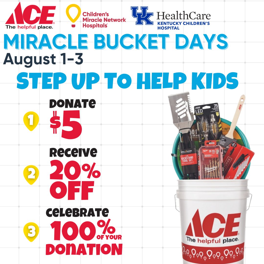 It’s MIRACLE BUCKET DAYS! 🎉
Now through Aug 3, stop by your local <a href="/AceHardware/">Ace Hardware</a>, grab a 5-gal bucket for a $5 donation to @CMNHospitals, and get 20% off almost anything you can fit inside! Your gift helps kids at <a href="/KCHKids/">Golisano Children’s at UK</a>. 💛 #ChangeKidsHealth #BucketDays