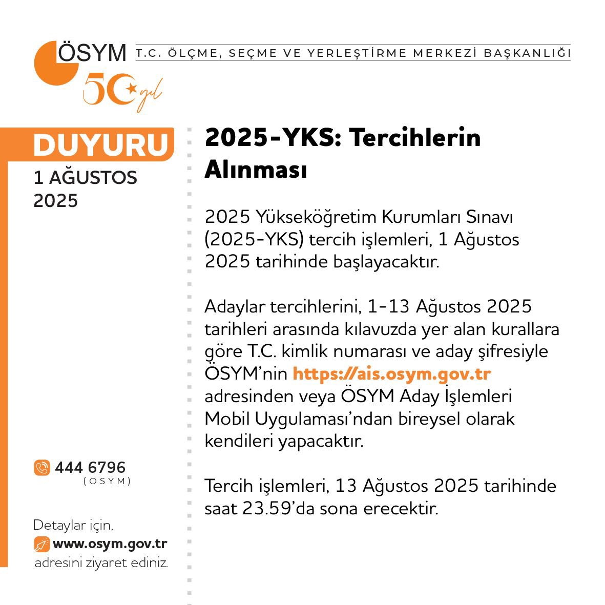 Üniversite tercihleri başladı. Adaylar tercihlerini 1-13 Ağustos tarihleri arasında yapabileceklerdir.

Link: osym.gov.tr/TR,33376/2025-…